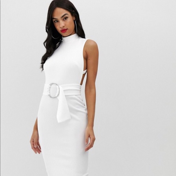 white belted midi dress